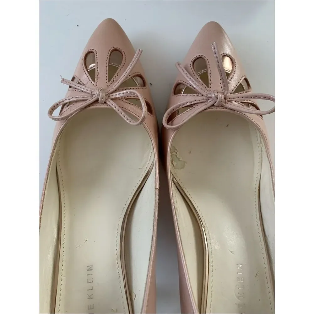 Anne Klein Blush Pointed-Toe Bow Leather Heels Flats Shoes Size 8